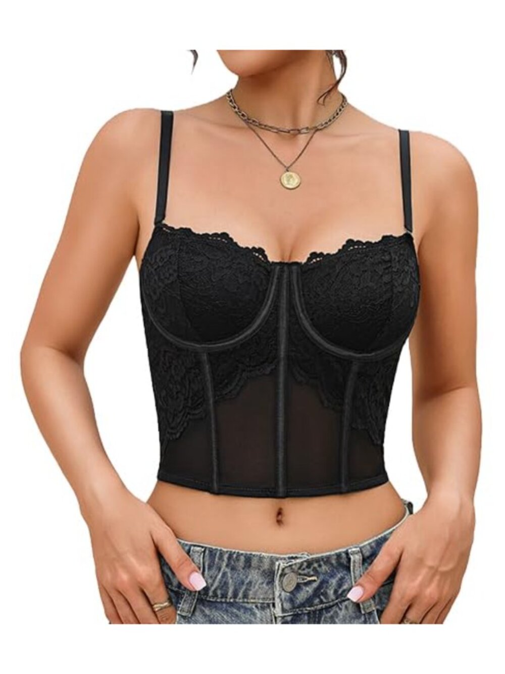Lace Corset Bustier Top with Underwire Adjustable Straps Going Out Crop Top